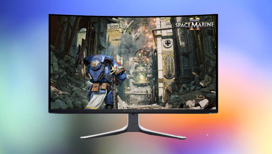 Curved OLED display angled toward a gaming chair