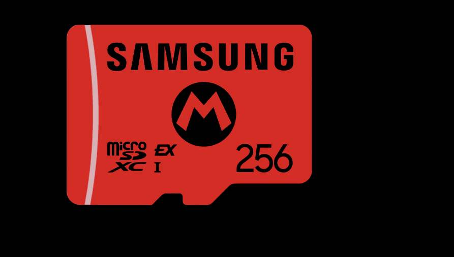 MicroSD Express card beside a handheld gaming console