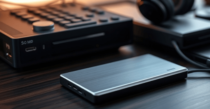 Rugged portable SSD resting on a travel backpack