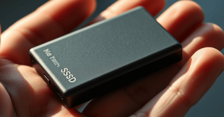 Compact external drive connected by a USB-C cable