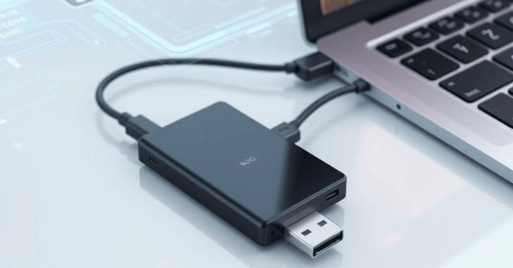 Portable SSD held in one hand beside a laptop
