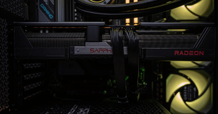 Graphics card installed in an illuminated gaming desktop