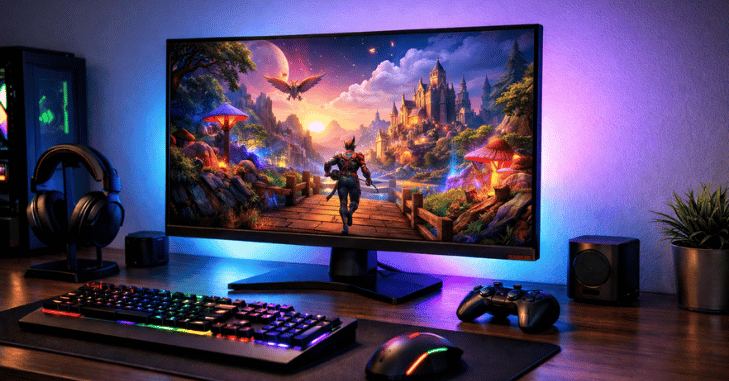 Budget gaming monitor set up on a simple desk