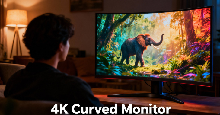 Curved 4K monitor angled on a modern workstation desk
